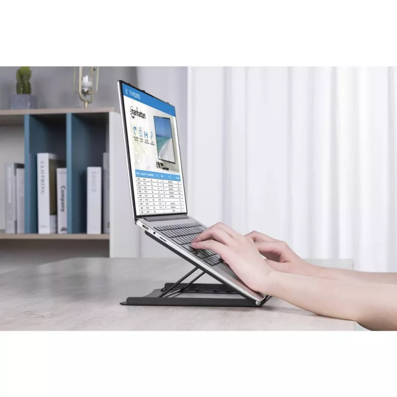 Manhattan Laptop- und Tablet-Ständer, verstellbar (5 Positionen), geeignet für alle Tablets und Laptops bis 15,6 Zoll, tragbar und leicht, Stahl, schwarz, lebenslange Garantie