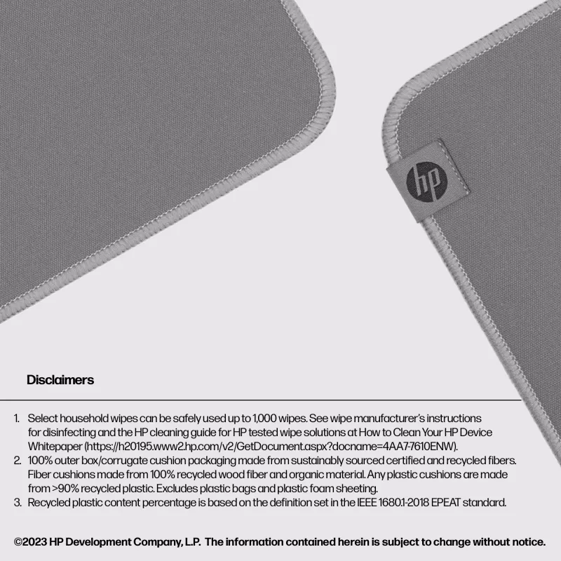 HP 100 Desinfizierbares Mauspad, Grau, Einfarbig, Polyester, Gummi