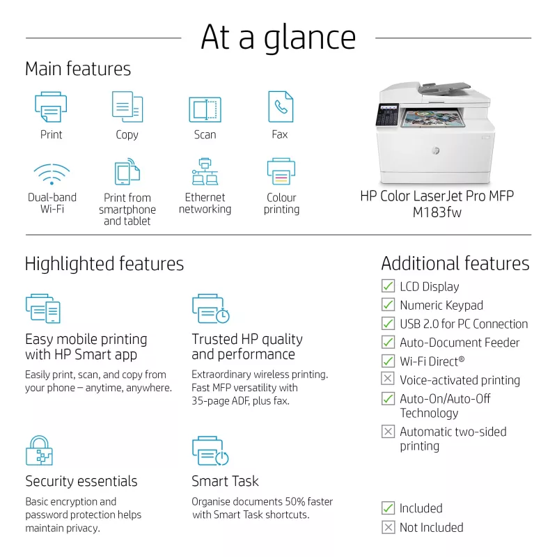 HP Color LaserJet Pro MFP M183fw, Laser, Farbdruck, 600 x 600 DPI, A4, Direktdruck, Weiß