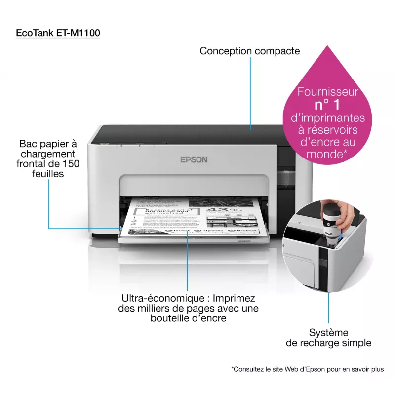 Tintenstrahldrucker Epson EcoTank ET‑M1100 — monochrom, A4, 32 ppm, 1440×720 dpi, integrierter Tintentank, USB 2.0, grau/schwarz