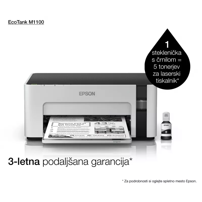 Tintenstrahldrucker Epson EcoTank ET‑M1100 — monochrom, A4, 32 ppm, 1440×720 dpi, integrierter Tintentank, USB 2.0, grau/schwarz