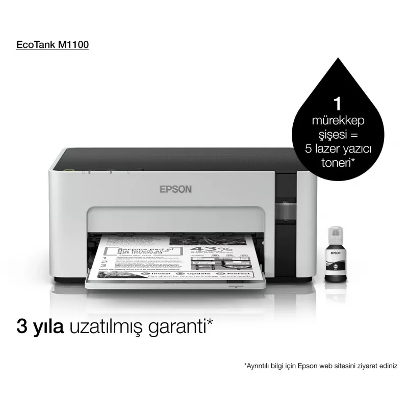 Tintenstrahldrucker Epson EcoTank ET‑M1100 — monochrom, A4, 32 ppm, 1440×720 dpi, integrierter Tintentank, USB 2.0, grau/schwarz