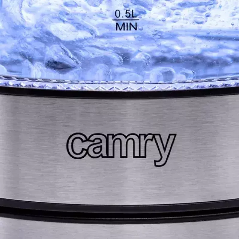 Elektrischer Wasserkocher Camry CR 1290 — Glasgehäuse, 1,7 l Fassungsvermögen, 2000 W, einstellbare Temperatur, Wasserstandsanzeige