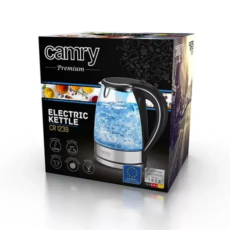 Elektrischer Wasserkocher Camry CR 1290 — Glasgehäuse, 1,7 l Fassungsvermögen, 2000 W, einstellbare Temperatur, Wasserstandsanzeige