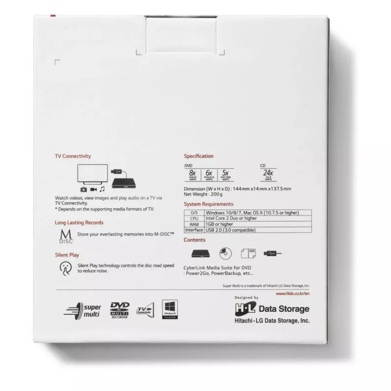 HITACHI-LG DATA STORAGE Schlankes tragbares DVD-Laufwerk - Gp60nw60 - USB 2.0 - Weiß