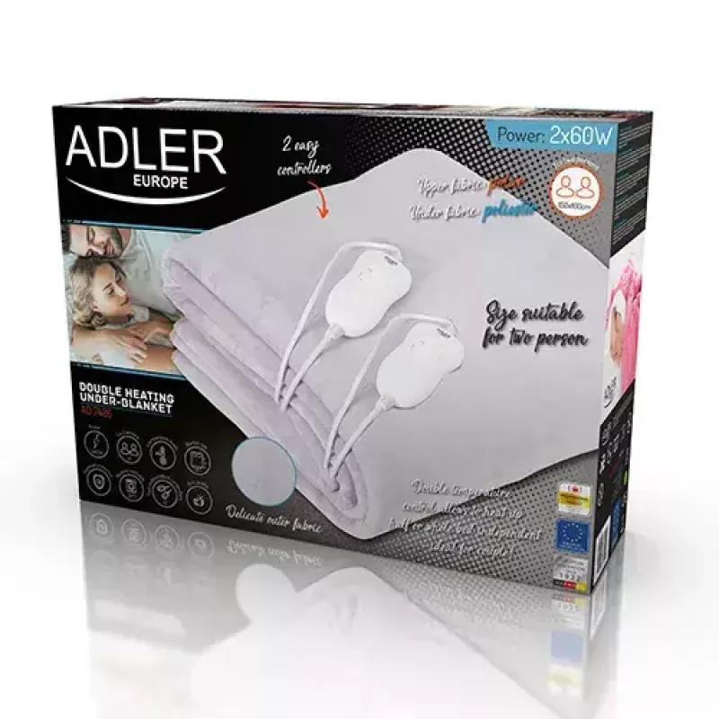 Elektrischer Bettwärmer Adler AD 7426, Fleece, 160×150 mm, 60 W, 4 Heizstufen, 2-Personen, abnehmbares Kabel