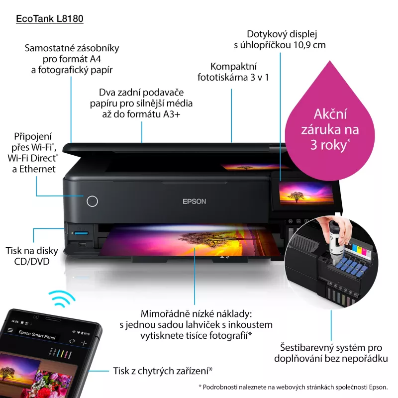 Multifunktions-Tintenstrahldrucker Epson EcoTank L8180 — A3+, Farbe, 5760x1440 DPI, 32 ppm, Duplex, Wi‑Fi, Ethernet