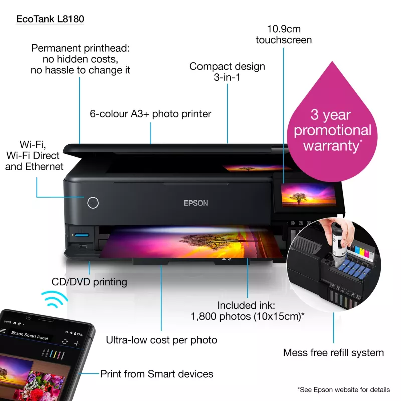 Multifunktions-Tintenstrahldrucker Epson EcoTank L8180 — A3+, Farbe, 5760x1440 DPI, 32 ppm, Duplex, Wi‑Fi, Ethernet