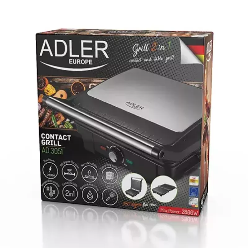 Kontaktgrill Adler AD 3051 — Edelstahl, 2200–2800 W, Grillfläche 1392 cm², einstellbare Temperatur, Antihaftplatten