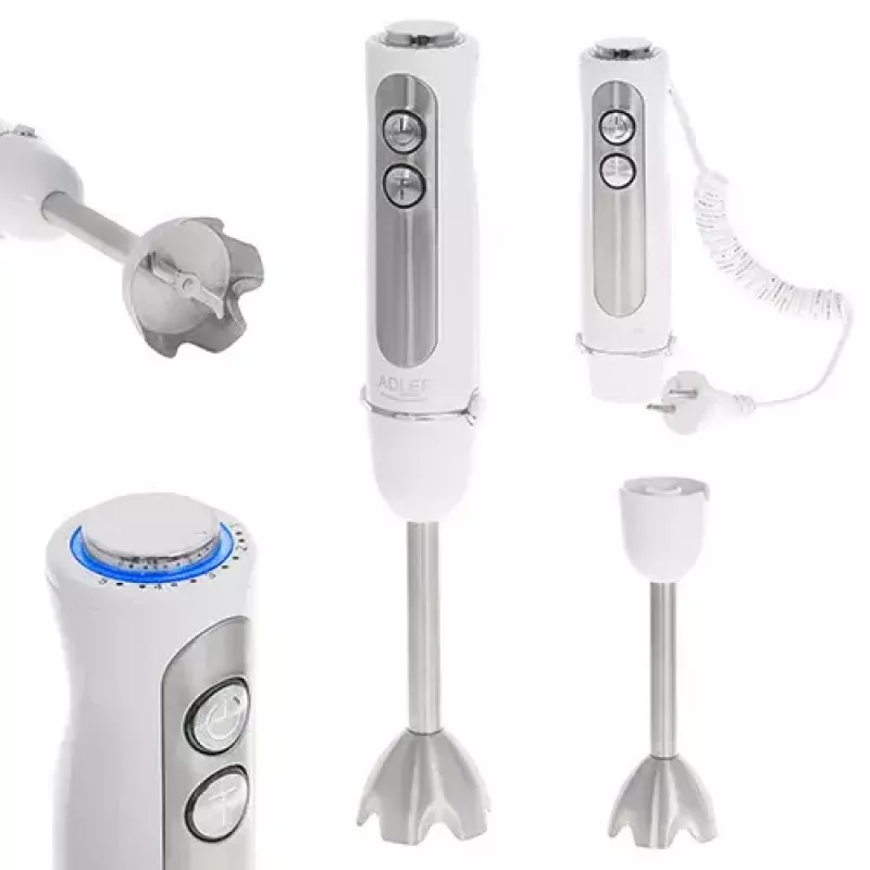 Pürierstab Adler AD 4625w — Stabmixer, 5 Geschwindigkeiten, Turbo, 1500 W, Edelstahlmesser, Silber/Weiß