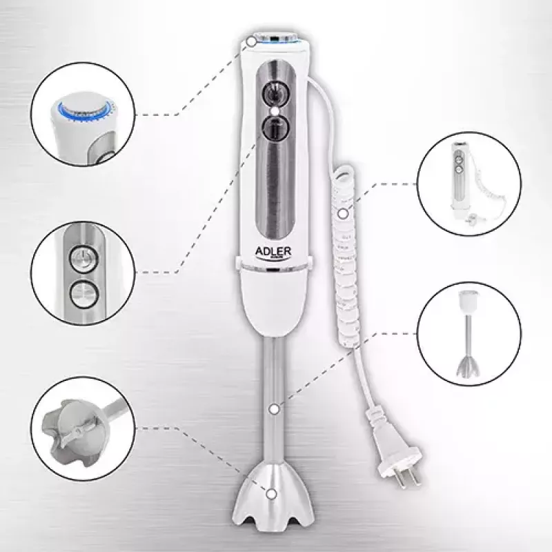 Pürierstab Adler AD 4625w — Stabmixer, 5 Geschwindigkeiten, Turbo, 1500 W, Edelstahlmesser, Silber/Weiß
