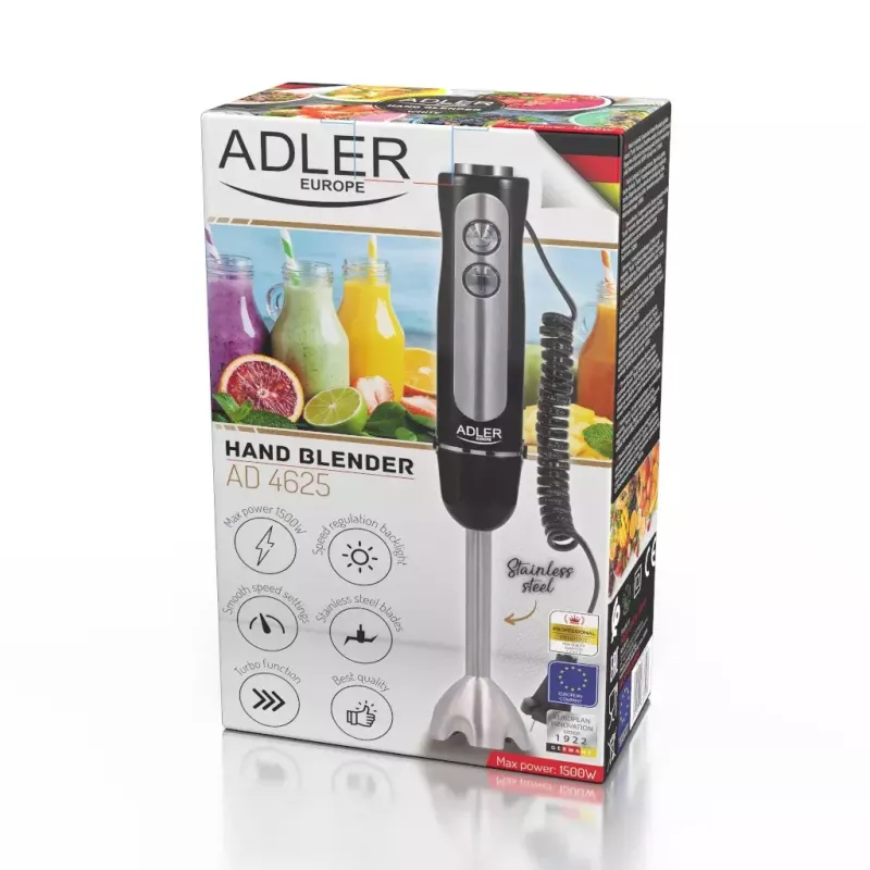 Stabmixer Adler AD 4625B — Handmixer, 1500 W max, 850 W Nennleistung, 5 Geschwindigkeiten, mechanische Steuerung, Turbo, Edelstahlklinge, Schwarz