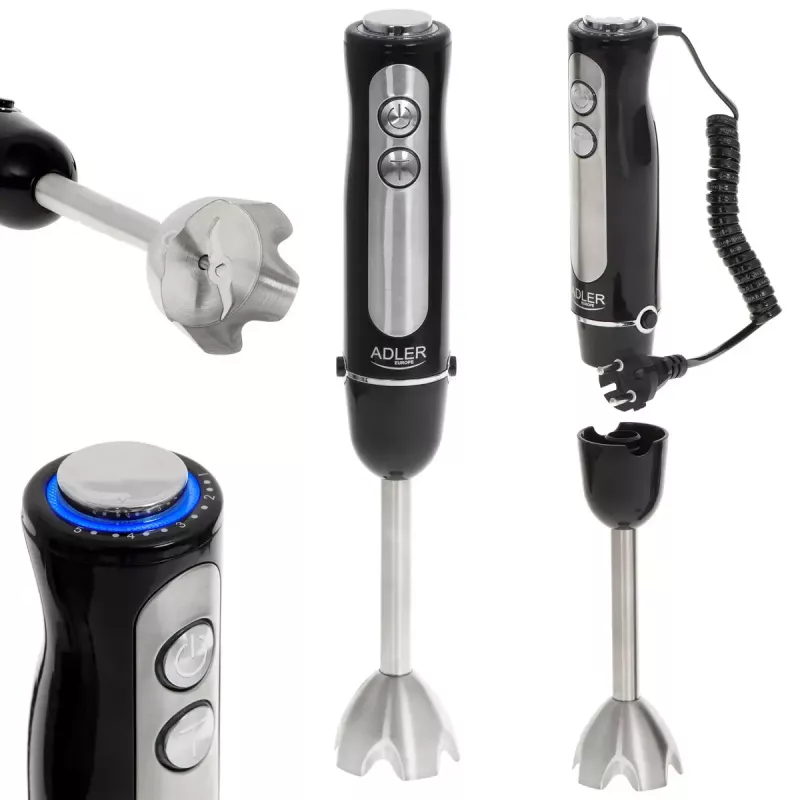 Stabmixer Adler AD 4625B — Handmixer, 1500 W max, 850 W Nennleistung, 5 Geschwindigkeiten, mechanische Steuerung, Turbo, Edelstahlklinge, Schwarz