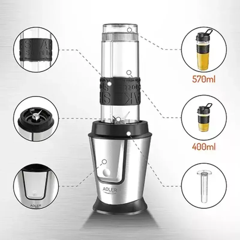 Sport-Mixer Adler AD 4081 — tragbarer Personal Mixer, 800 W Spitze, 0,57 l Becher, Edelstahlmesser, 2 Flaschen