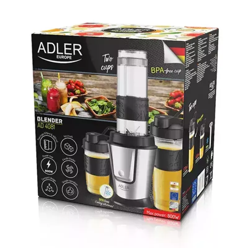 Sport-Mixer Adler AD 4081 — tragbarer Personal Mixer, 800 W Spitze, 0,57 l Becher, Edelstahlmesser, 2 Flaschen