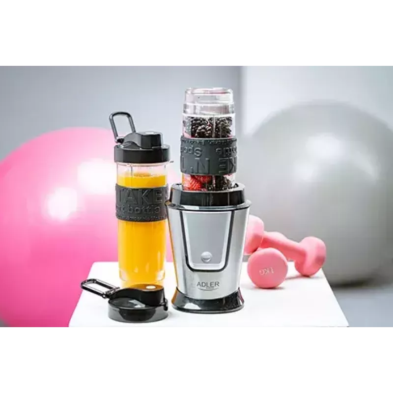 Sport-Mixer Adler AD 4081 — tragbarer Personal Mixer, 800 W Spitze, 0,57 l Becher, Edelstahlmesser, 2 Flaschen