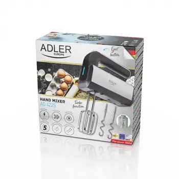 Handmixer Adler AD 4225 — 5 Geschwindigkeiten, Turbo, 300 W, Edelstahl/Silber-Schwarz, Rührbesen und Knethaken