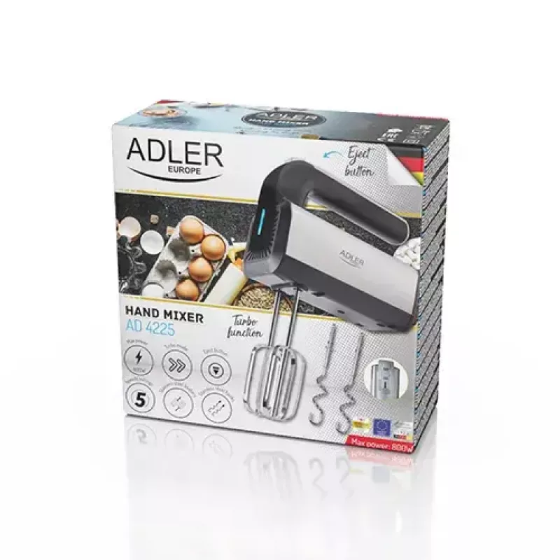 Handmixer Adler AD 4225 — 5 Geschwindigkeiten, Turbo, 300 W, Edelstahl/Silber-Schwarz, Rührbesen und Knethaken