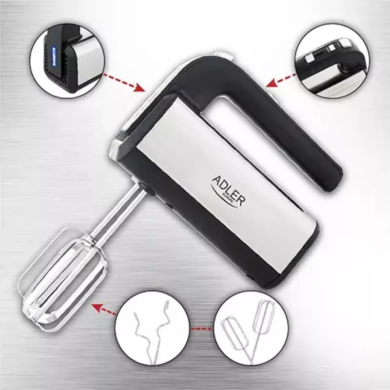 Handmixer Adler AD 4225 — 5 Geschwindigkeiten, Turbo, 300 W, Edelstahl/Silber-Schwarz, Rührbesen und Knethaken