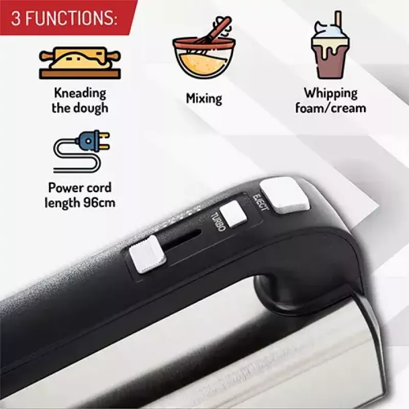 Handmixer Adler AD 4225 — 5 Geschwindigkeiten, Turbo, 300 W, Edelstahl/Silber-Schwarz, Rührbesen und Knethaken