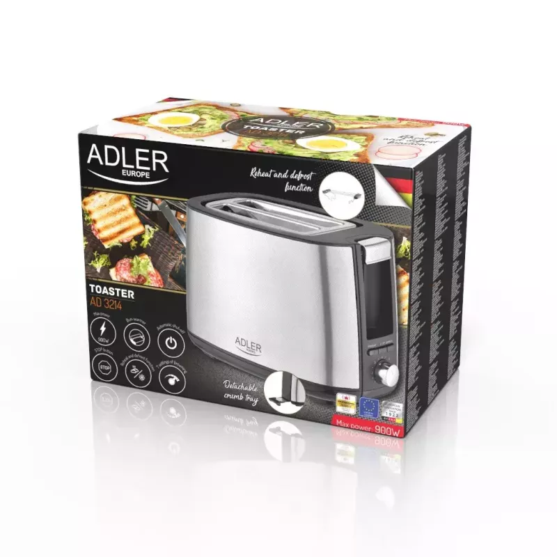 Toaster Adler AD 3214, 2-Scheiben Edelstahl, 900 W, 7 Bräunungsstufen, Auftauen/Wiederaufwärmen/Automatische Abschaltung