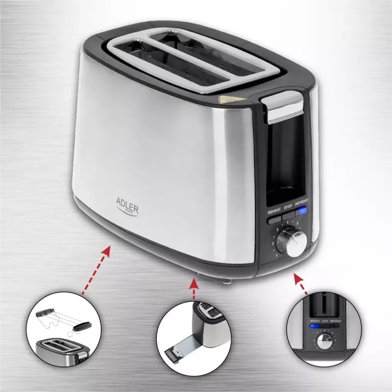 Toaster Adler AD 3214, 2-Scheiben Edelstahl, 900 W, 7 Bräunungsstufen, Auftauen/Wiederaufwärmen/Automatische Abschaltung