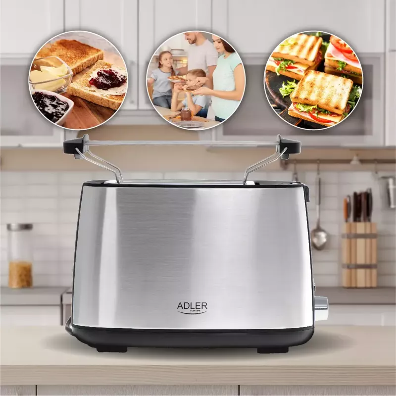 Toaster Adler AD 3214, 2-Scheiben Edelstahl, 900 W, 7 Bräunungsstufen, Auftauen/Wiederaufwärmen/Automatische Abschaltung