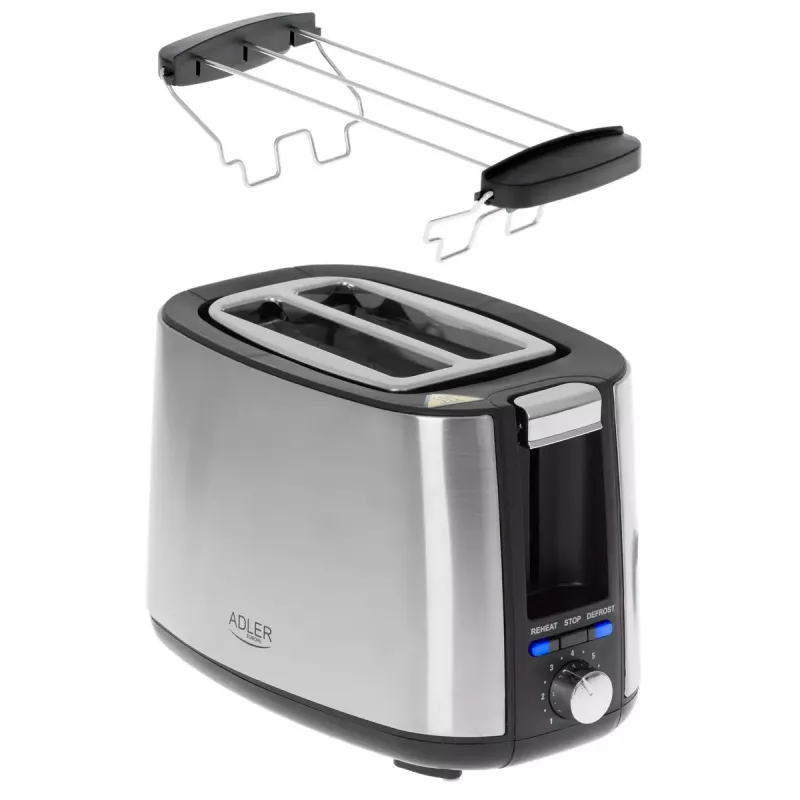 Toaster Adler AD 3214, 2-Scheiben Edelstahl, 900 W, 7 Bräunungsstufen, Auftauen/Wiederaufwärmen/Automatische Abschaltung