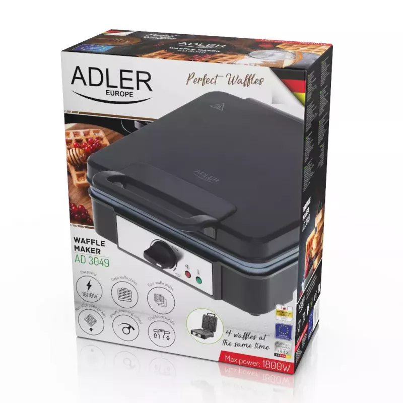 Waffeleisen Adler AD 3049, 4 quadratische Waffeln, antihaftbeschichtet, 1800 W, schwarz
