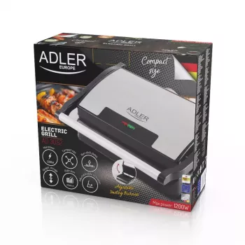 Kontaktgrill Adler AD 3052 rechteckig Stahl/Schwarz, 1200 W, Rostoberfläche, verriegelbarer Deckel