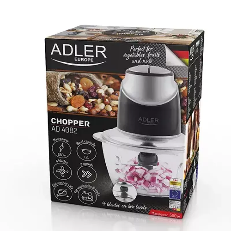 Elektrischer Zerkleinerer Adler AD 4082, 1,2-L-Glasschüssel, 300 W, 2 Geschwindigkeiten, Puls, Edelstahlklingen