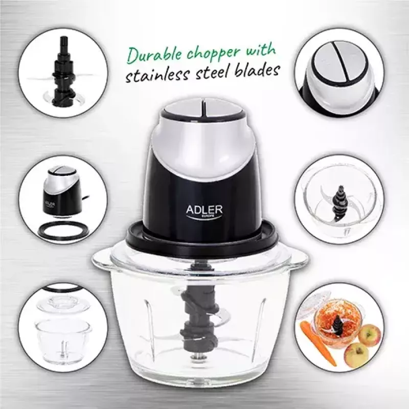 Elektrischer Zerkleinerer Adler AD 4082, 1,2-L-Glasschüssel, 300 W, 2 Geschwindigkeiten, Puls, Edelstahlklingen