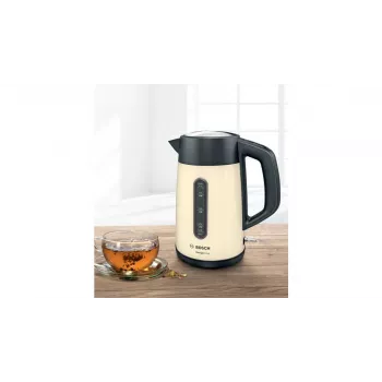 Elektrischer Wasserkocher Bosch TWK4P437 1,7 L, 2400 W, Edelstahlgehäuse, kabellos, beige/schwarz