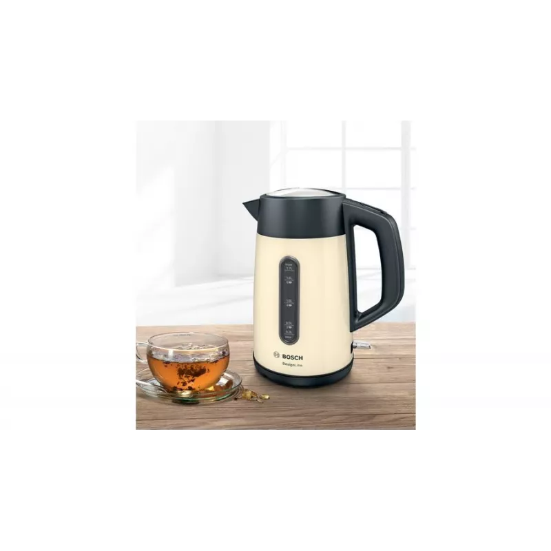 Elektrischer Wasserkocher Bosch TWK4P437 1,7 L, 2400 W, Edelstahlgehäuse, kabellos, beige/schwarz