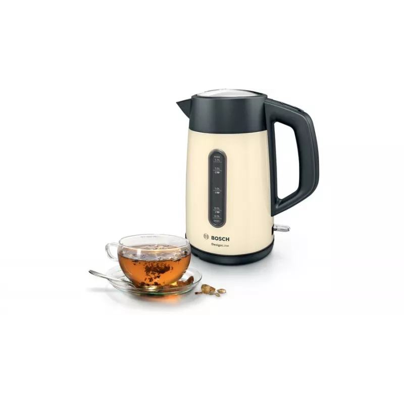 Elektrischer Wasserkocher Bosch TWK4P437 1,7 L, 2400 W, Edelstahlgehäuse, kabellos, beige/schwarz