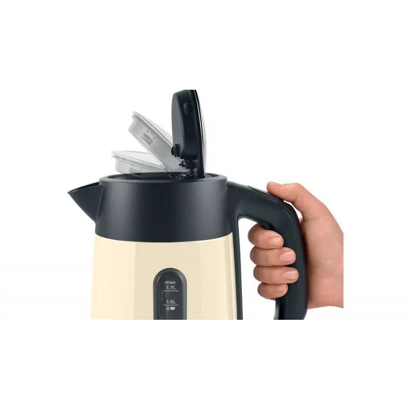 Elektrischer Wasserkocher Bosch TWK4P437 1,7 L, 2400 W, Edelstahlgehäuse, kabellos, beige/schwarz