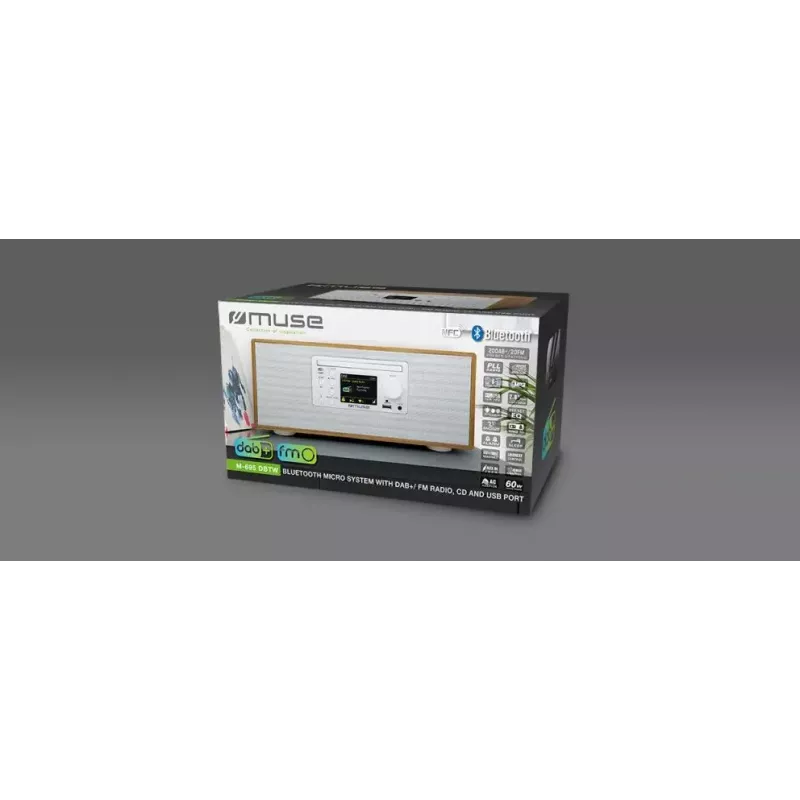 Personalradio Muse M-695 DBTW — DAB/DAB+/FM Digitaltuner, 2,8 Zoll TFT, 60 W RMS, AC/DC, Holz/Weiß