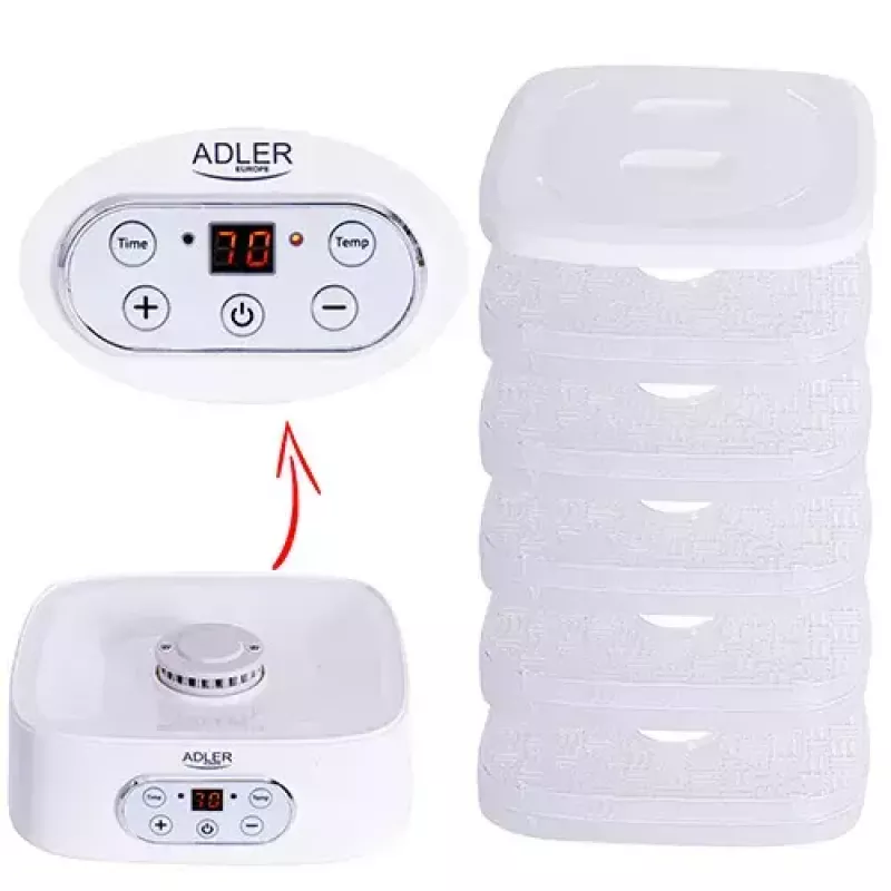 Dörrautomat Adler AD 6658, 5 Einschübe, LCD-Timer 70 Std., 35–70 °C, 230 W (max. 550 W), weiß
