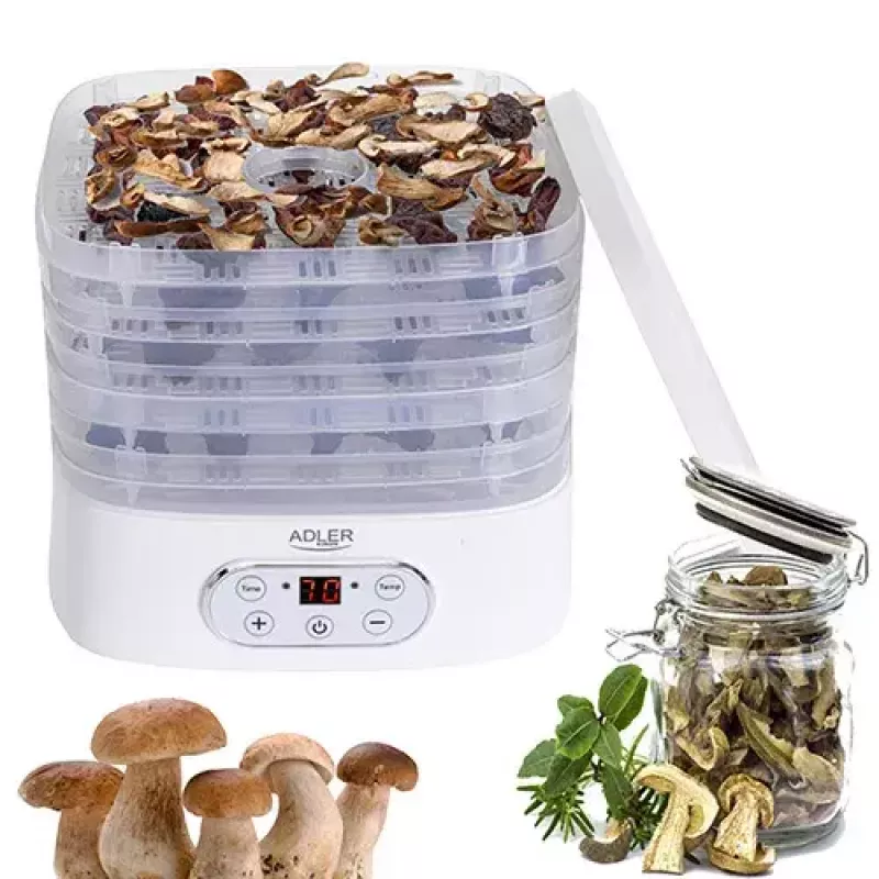 Dörrautomat Adler AD 6658, 5 Einschübe, LCD-Timer 70 Std., 35–70 °C, 230 W (max. 550 W), weiß