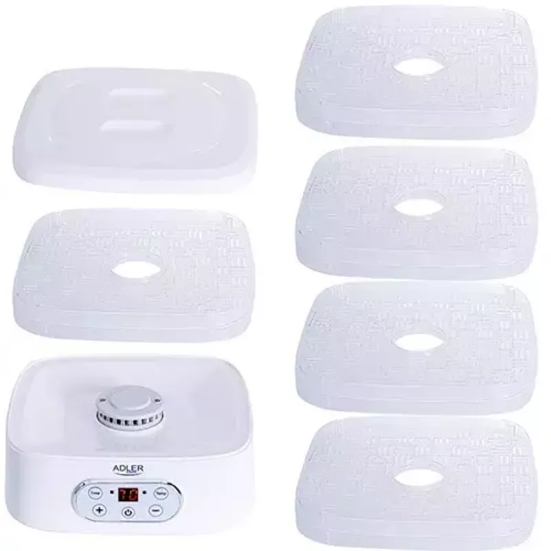 Dörrautomat Adler AD 6658, 5 Einschübe, LCD-Timer 70 Std., 35–70 °C, 230 W (max. 550 W), weiß