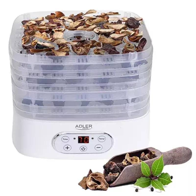 Dörrautomat Adler AD 6658, 5 Einschübe, LCD-Timer 70 Std., 35–70 °C, 230 W (max. 550 W), weiß
