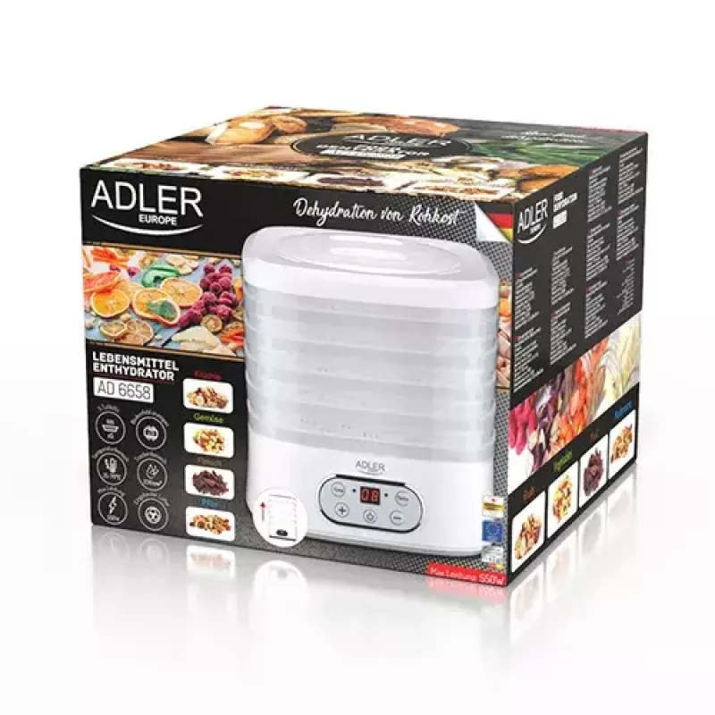 Dörrautomat Adler AD 6658, 5 Einschübe, LCD-Timer 70 Std., 35–70 °C, 230 W (max. 550 W), weiß