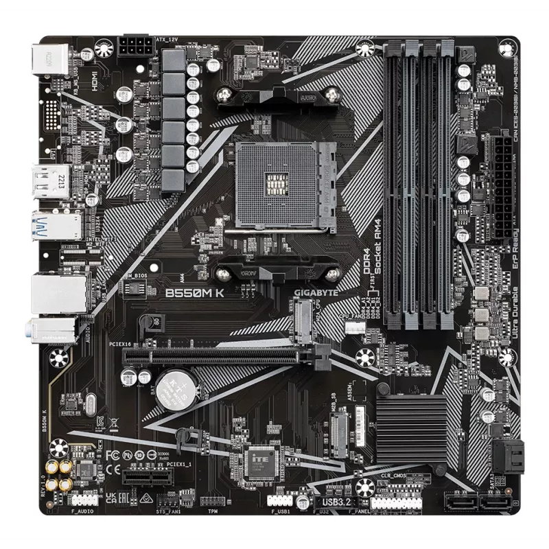 GIGABYTE B550M K Motherboard - AMD Ryzen 5000 CPUs, bis zu 4733MHz DDR4, 1xPCIe 4.0 + 1xPCIe 3.0 M.2, 1GbE LAN, USB 3.2 Gen 1
