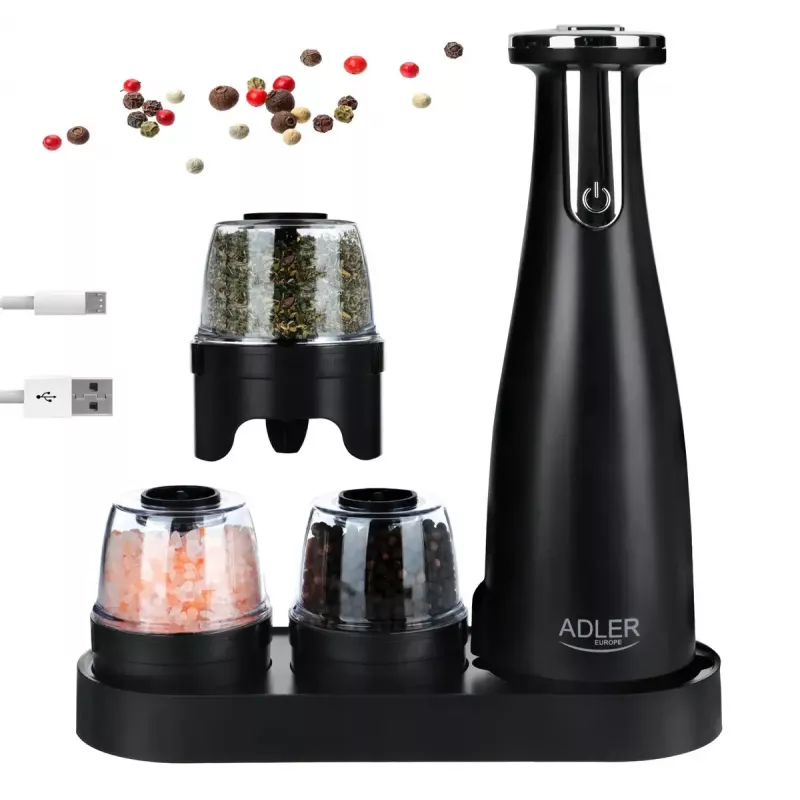 Salz- & Pfeffermühlenset Adler AD 4449B — Edelstahl/Schwarz, 150 ml Kapazität, Lithium-Batterie, 80×80×263 mm