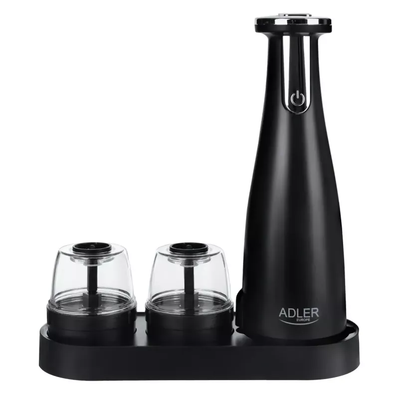 Salz- & Pfeffermühlenset Adler AD 4449B — Edelstahl/Schwarz, 150 ml Kapazität, Lithium-Batterie, 80×80×263 mm