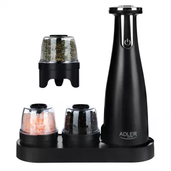 Salz- & Pfeffermühlenset Adler AD 4449B — Edelstahl/Schwarz, 150 ml Kapazität, Lithium-Batterie, 80×80×263 mm