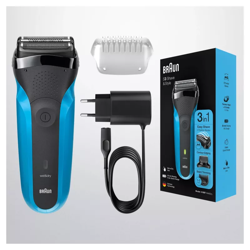 Braun Series 3 310BT Elektrorasierer – Nass- & Trockenfolienrasierer mit Barttrimmer-Aufsätzen