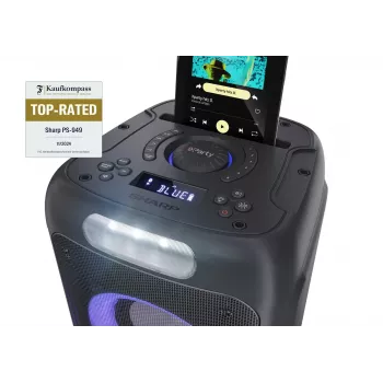 Party-Lautsprecher Sharp PS-949 — 2.1 Kanäle, 132 W PMPO, 20,3 cm (8 Zoll) Tieftöner, Bluetooth A2DP/AVRCP, kabelgebunden & kabellos, schwarz, Kunststoffgehäuse
