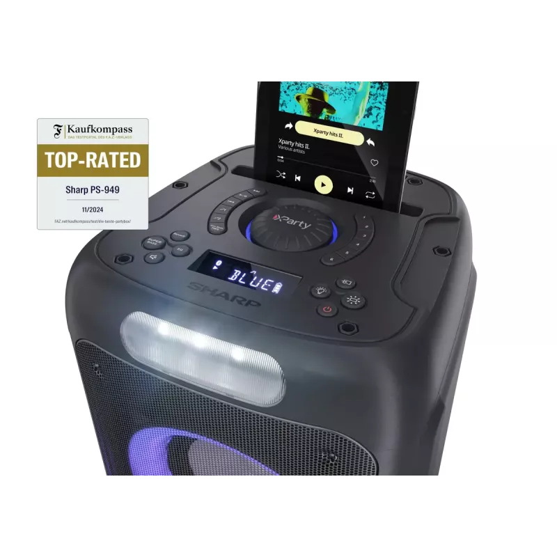 Party-Lautsprecher Sharp PS-949 — 2.1 Kanäle, 132 W PMPO, 20,3 cm (8 Zoll) Tieftöner, Bluetooth A2DP/AVRCP, kabelgebunden & kabellos, schwarz, Kunststoffgehäuse