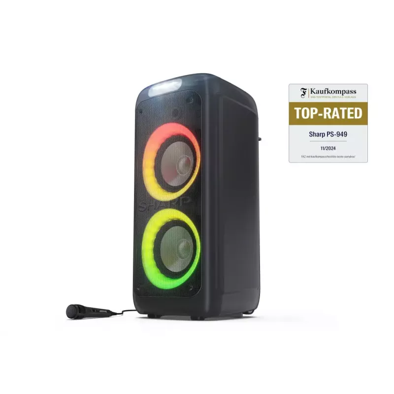 Party-Lautsprecher Sharp PS-949 — 2.1 Kanäle, 132 W PMPO, 20,3 cm (8 Zoll) Tieftöner, Bluetooth A2DP/AVRCP, kabelgebunden & kabellos, schwarz, Kunststoffgehäuse